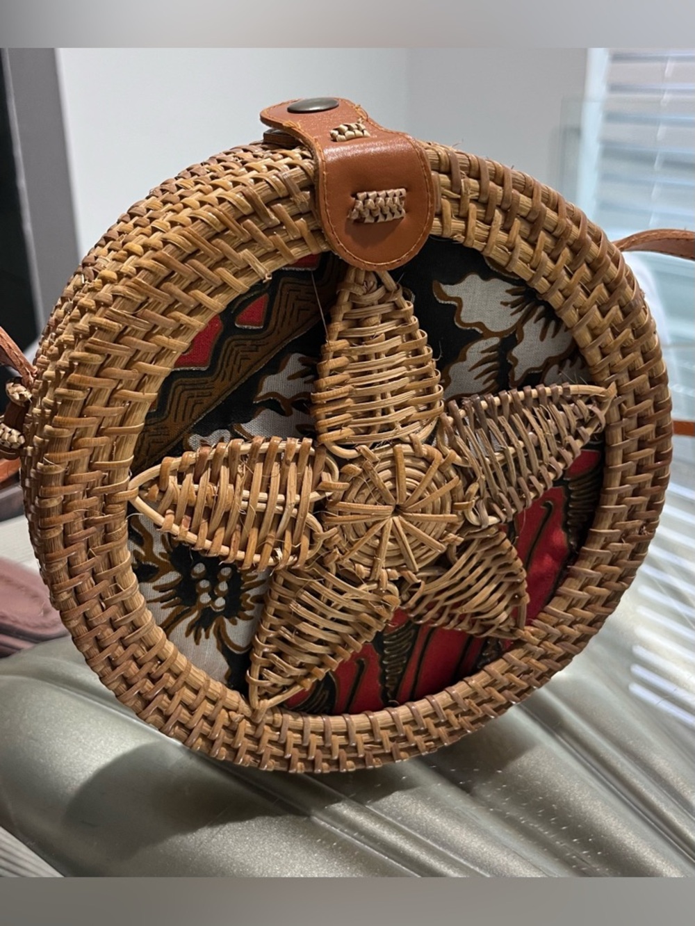 Woven Round Star Accent Crossbody Bag - Natural Tan